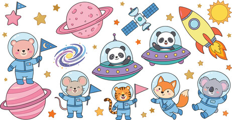Cute Space Animals Vector Clipart Set with Bear Panda Fox Rocket Ship UFO Planets Satellite and Stars for Nursery Decor and Kids Sticker Designs © Remi