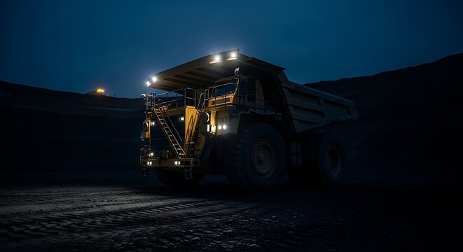 Huge dump truck working at night in an open-pit mine with headlights on