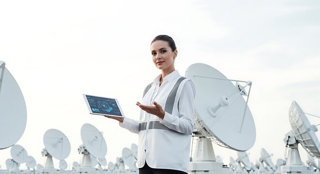 Female engineer holding digital tablet standing in front of satellite dish array, telecommunication and global connection concept