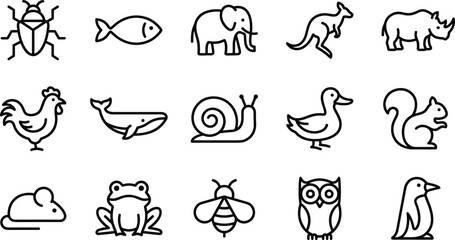 Animal linear outline bold stroke icon set and basic minimal wildlife vector symbols isolated on white background © Limon