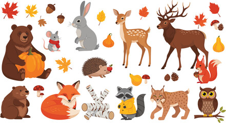 Fototapeta premium Cute autumn woodland animal cartoon vector illustration set featuring bear fox deer raccoon owl and forest creatures with fall leaves