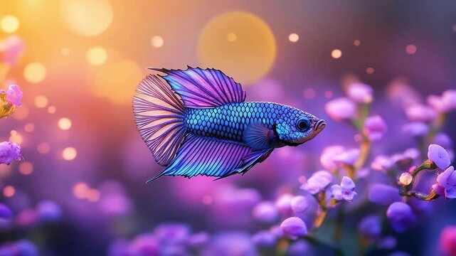 Vibrant blue betta fish swimming through soft purple flowers in this magical motion animation video clip