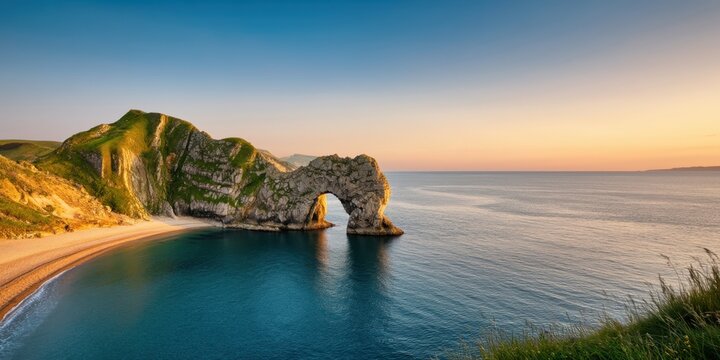 The Arch Durdle Door Framed by Cliffs Over Turquoise Sea at Golden Sunset