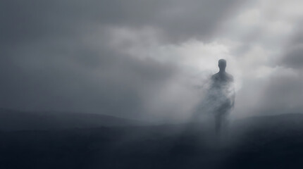 Fototapeta premium Dramatic Silhouette of Lone Person Standing Alone Under Stormy Sky at Dusk with Dark Clouds & Faint