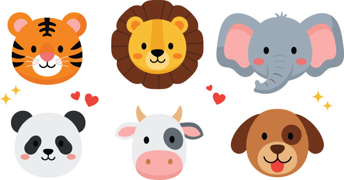 Cute animal face cartoon vector illustration set featuring tiger lion elephant panda cow and dog emoji characters