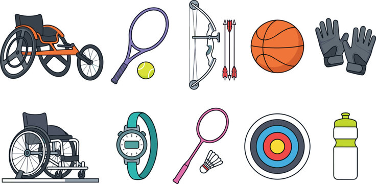 Adaptive Sports and Recreational Equipment Collection Featuring Wheelchair Athletics, Tennis, Archery, Basketball, Fitness Tracker, and Inclusive Activity Gear Vector Illustration