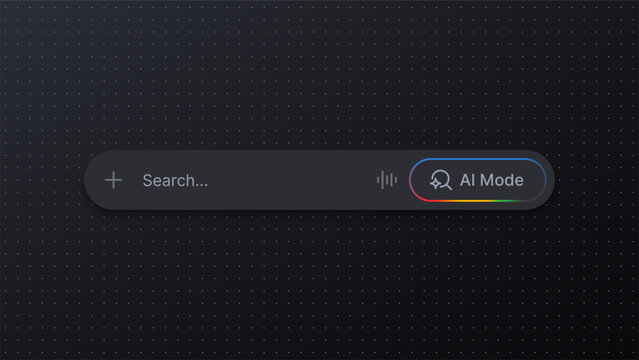 Search bar with AI mode feature button on dark background. Digital interface element for internet browsing and web navigation. Innovative technology concept for smart research tool.