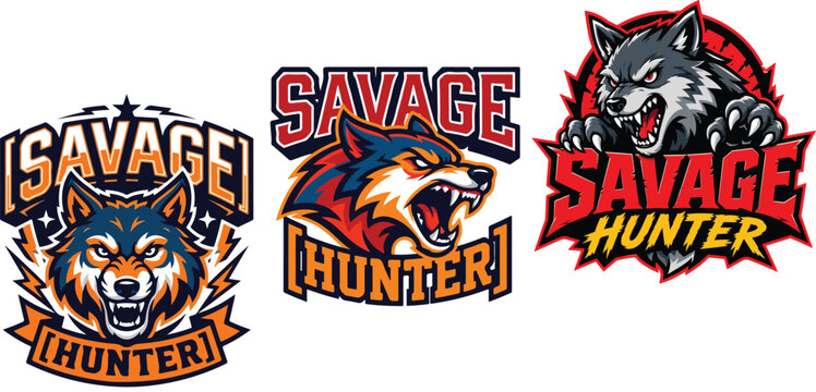 Fierce wolf head logo with bold savage hunter text