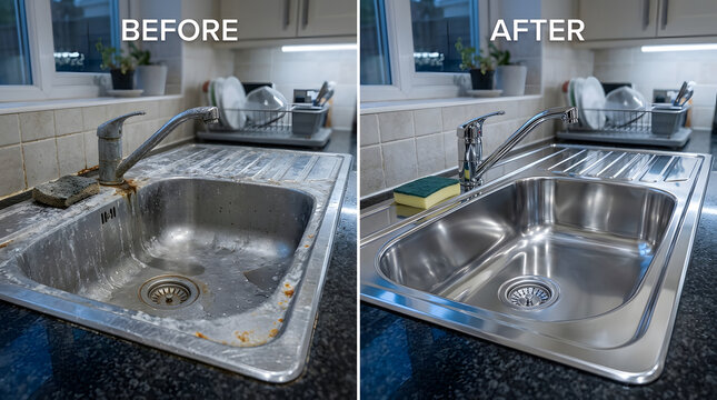 Kitchen Sink Cleaning Before and After | Dirty Limescale and Rust vs Sparkling Clean Results | Home Maintenance Hygiene Housework Concept | Professional Deep Cleaning Service | Sanitary Restoration Su