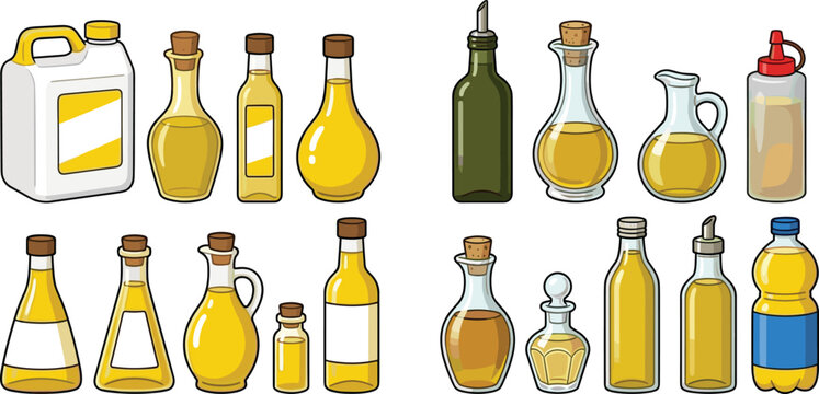Cooking oil bottle cartoon vector illustration set featuring olive oil vinegar sauce and condiment containers isolated collection