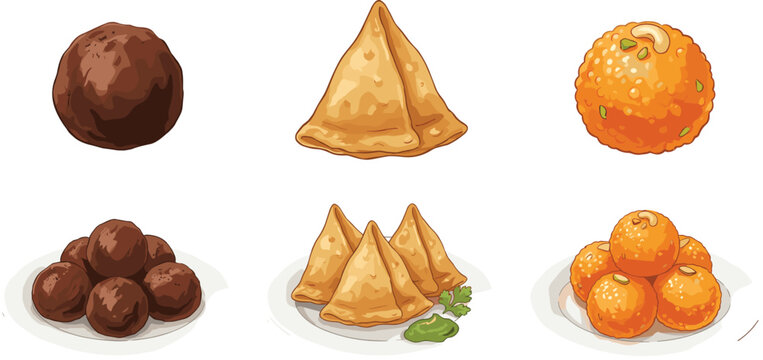 Traditional Indian Street Food and Sweets Vector Set with Samosa Gulab Jamun and Motichoor Laddu Icons for Festive Restaurant Menu Designs