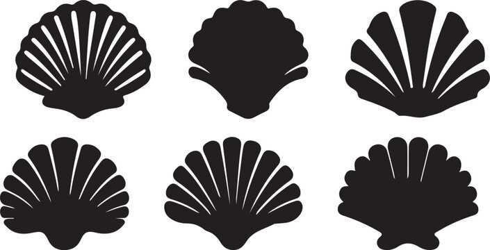 Collection of six black scallop shell silhouettes on white background