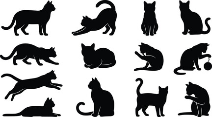 Black cat silhouette vector illustration set featuring playful feline poses isolated pet shadow collection © MdNazmul