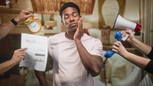 Black man rubbing cheek while alarm clock, document and megaphone are thrust toward him in studio; overwhelmed deadlines choices.