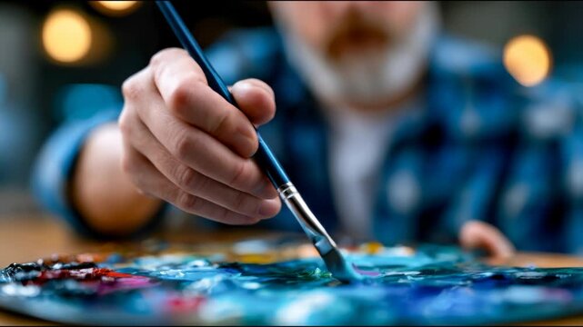 Close-up of an artist mixing blue paint on a palette with a brush, showing creative process, texture, and traditional studio craft