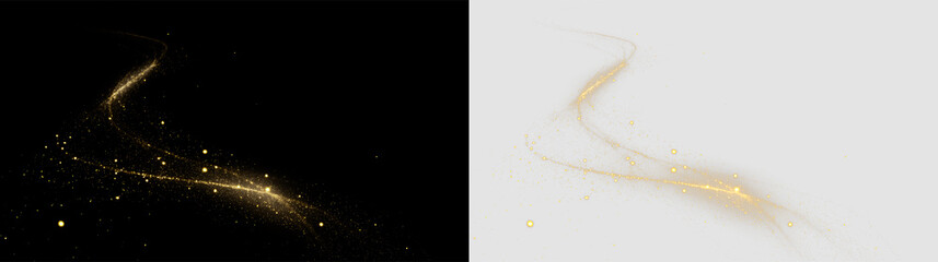Swirling golden dust trail isolated on transparent and black background, for use in various design projects, light overlay, PNG © denzelll