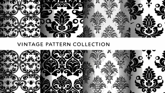 Floral ornament collection featuring twelve grayscale patterns on a white background showcasing repeating motifs acanthus arabesque black botanical brocade decorative design