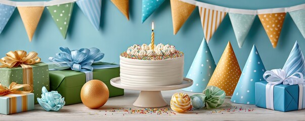 Obraz premium Birthday cake with lit candle surrounded by gifts, party hats and festive decorations