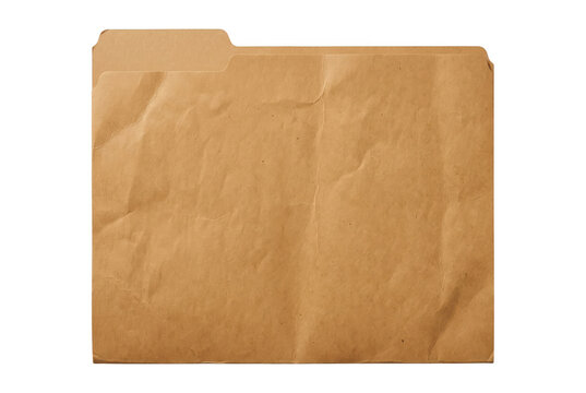 Crumpled vintage brown manila file folder paper organizer jacket. Isolated on transparent background, png