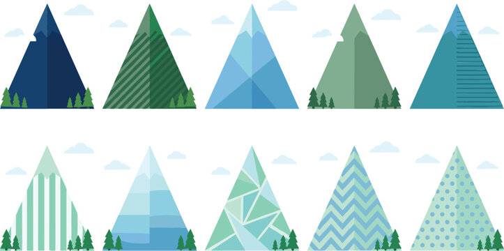 Vector set of geometric mountain peaks with various textures, stripes, and pattern overlays, isolated with small pine trees on white background.
