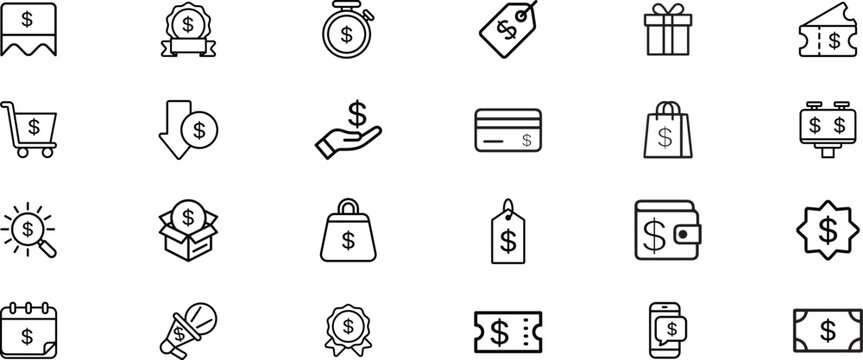 Price icon set. Containing product, price tag, cost, quotation, invoice, estimate, discount, and more. Editable line icons. Vector illustration.
