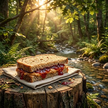Delicious peanut butter and jelly sandwich resting on a tree stump beside a serene forest stream with sunlight filtering through the trees
