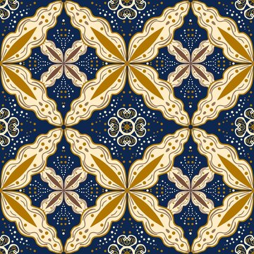 Indonesian Batik Gold Cream Navy Diamond Floral Seamless Pattern