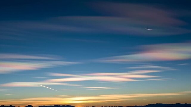 Iridescent polar stratospheric clouds at sunset, atmospheric optical phenomenon
