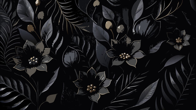 Dark floral ornament featuring stylized leaves and blossoms in a repeating pattern against a black background botanical foliage leafy blossom flower