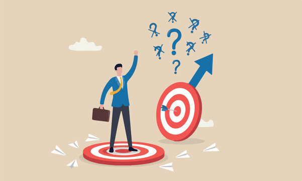 Effectiveness efficiency to measure success rate, effort or cost to reach goal or target, practice until succeed concept, cheerful businessman finally hit target after too many unsuccessful tries