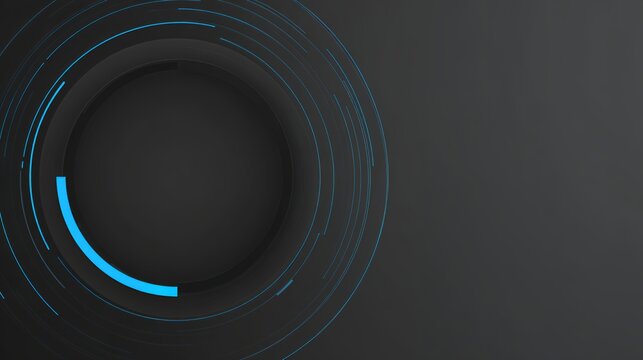 Minimalist dark gray background with abstract neon blue loading circle and circular tech lines for software interface display