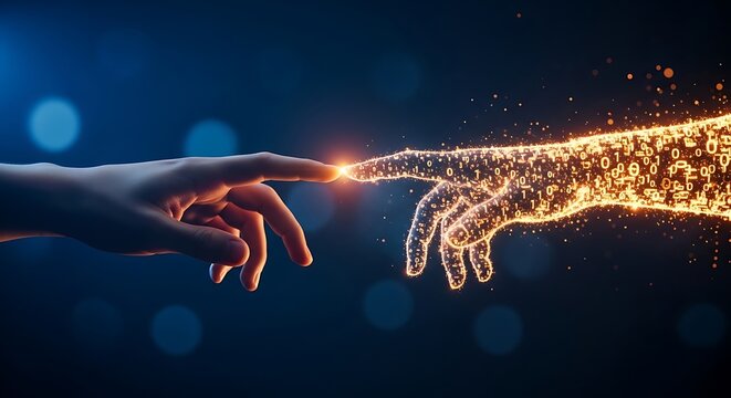 Human and digital connection concept hand reaching towards glowing binary code hand illustration