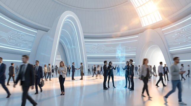 Futuristic digital office lobby with business people walking and interacting in high-tech architectural environment featuring holographic data displays and sleek light design