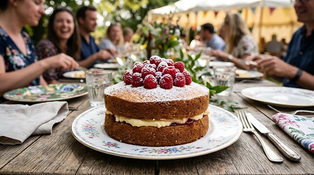 Delicious Raspberry Victoria Sponge Cake at Outdoor Garden Party