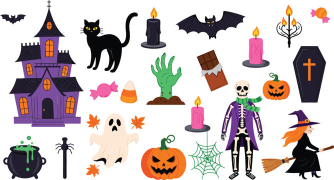 Vector set of cute spooky Halloween elements, including haunted house, witch flying on broom, pumpkins, skeleton, ghost, and black cat isolated on white background.