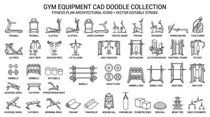 Gym Equipment Doodle Line Icons Set. © Uli