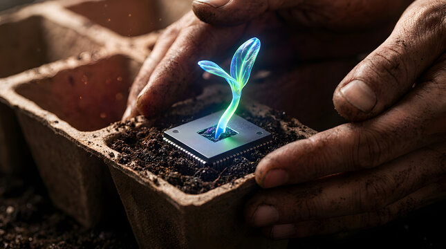 Hands nurturing a glowing seedling emerging from a computer chip in soil