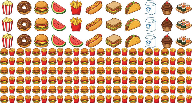 Fast Food and Snack Pattern Vector Set with Burger French Fries Popcorn Donut Hotdog Watermelon Taco Sushi and Milk Carton Icons for Planner Stickers