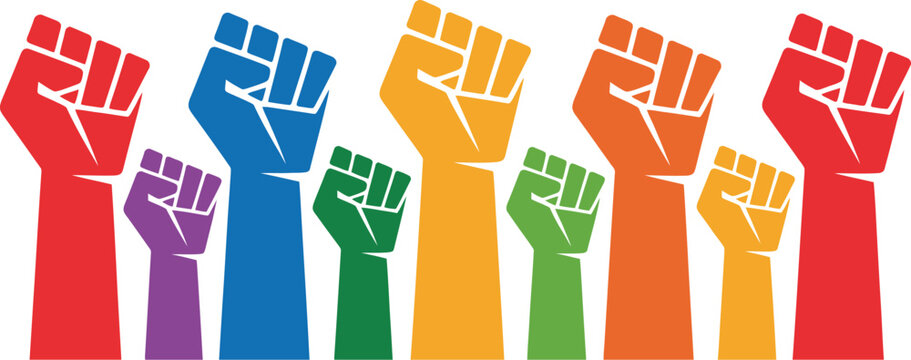 Raised fists vector, unity protest empowerment diversity solidarity resistance and social activism concept design.