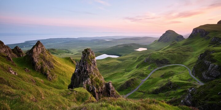 The Emerald Highlands Landscape with Winding Road and Jagged Peaks