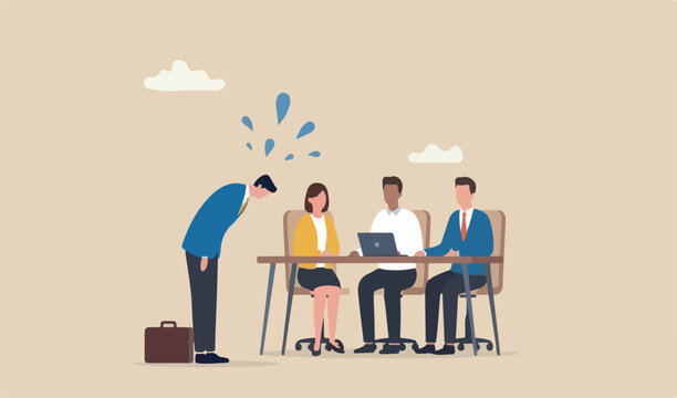 Apologize or say sorry, regret for what happen asking for forgiveness, professional leadership mistake failure, pardon or feel sad concept, businessman team meeting bow down say sorry apologize