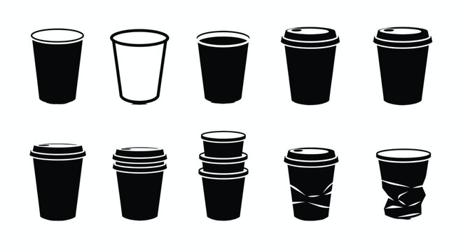 Vector illustration of black and white illustrations of various disposable coffee cups
