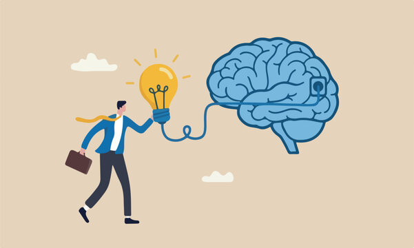 Creativity idea brainstorming wisdom or imagination to success, connecting new idea or innovation, intelligence or solution concept, businessman connect plug with lightbulb idea to human brain
