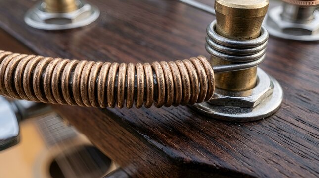 Close-up of guitar string, tuning peg and headstock
