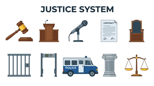 Justice system icons depict a gavel, microphone, document, judge bench, prison bars, metal detector, police van, column, and scales of justice.