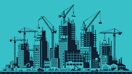 Naklejka premium Vector 2D Flat Illustration of Modern City Under Construction with Multiple Cranes and Skyscrapers in Progress in Cool Teal and Dark Blue Tones