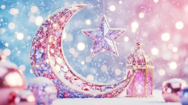 Crescent moon and star with lantern decor. Ramadan festive background with glitter and bokeh. Islamic holiday celebration card.