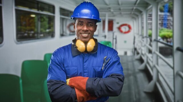 Man in blue coveralls with hardhat and noise cancelling headphones, arms crossed holding a wrench on a ship deck inside a building; pride professionalism.