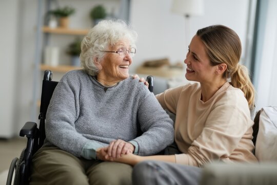The elderly woman in a wheelchair sharing a joyful moment with her caregiver at home
