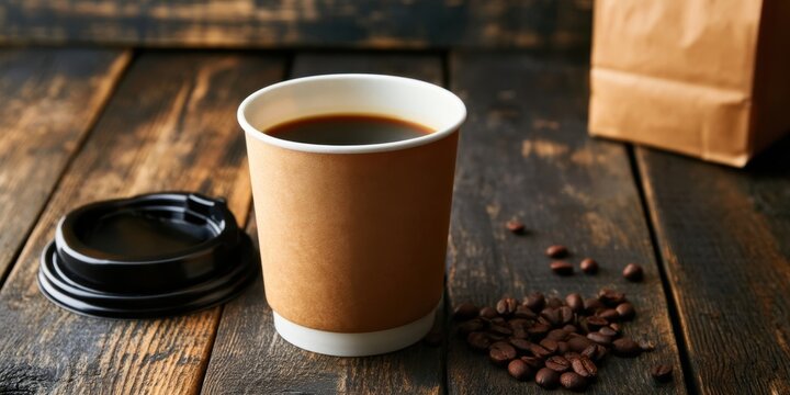 The Paper Coffee Cup on Rustic Wooden Table with Coffee Beans and Lid